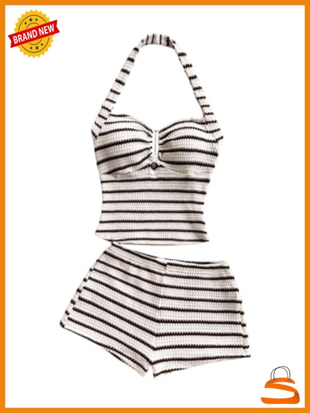 Women's Striped Halter Neck Backless Knitted 2 Piece Short Set